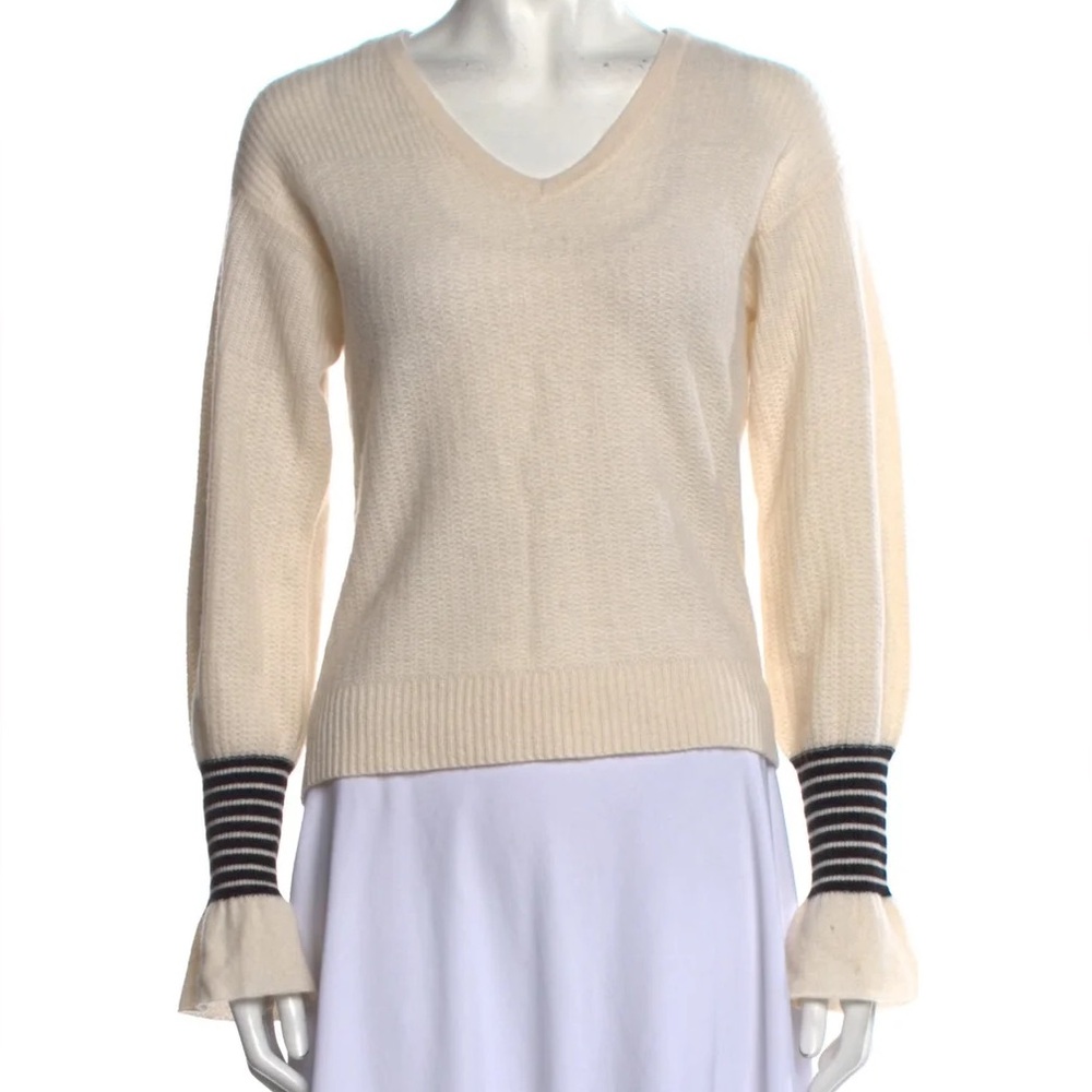 White + Warren Cream V-Neck Sweater with Black Stripe Cuffs
